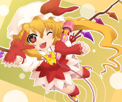 Rule 34 | 1girl, blonde hair, female focus, flandre scarlet, gats (gatsgats), gloves, hat, heart, hitachi magic wand, long hair, looking at viewer, one eye closed, open mouth, red eyes, sex toy, smile, solo, symbol-shaped pupils, touhou, vibrator, wings, wink