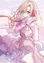 Rule 34 | 1girl, arm behind back, blonde hair, buttons, dress, earmuffs, frilled dress, frills, hair between eyes, hair over one eye, hand on own face, hand up, heterochromia, highres, holding, holding ribbon, long hair, long sleeves, looking at viewer, original, pink dress, red ribbon, ribbon, scarf, snow, solo, standing, wata (attaka towel), white scarf, yellow eyes