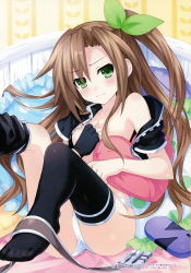 Rule 34 | 1girl, absurdres, bare shoulders, bed, belt, black shirt, black thighhighs, blouse, blush, bow, brown hair, choujigen taisen neptune vs sega hard girls, controller, embarrassed, eyes visible through hair, feet, full body, game controller, gloves, green eyes, hair bow, hair ornament, heart, heart-shaped pillow, highres, hugging object, if (neptunia), kneepits, long hair, looking at viewer, neptune (series), no bra, no pants, no shoes, official art, open clothes, open shirt, panties, pillow, pillow hug, shirt, single glove, sitting, solo, thighhighs, tsunako, underwear, undressing, unfastened, unworn belt, v-shaped eyebrows, very long hair, wavy hair, wavy mouth, white panties