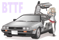 Rule 34 | 1girl, back to the future, black necktie, blazer, blonde hair, blouse, blue eyes, blue footwear, car, collared shirt, commentary, copyright name, cross-laced footwear, delorean, foot up, girls und panzer, grey jacket, gullwing doors, hair intakes, jacket, kay (girls und panzer), long hair, long sleeves, looking at watch, miniskirt, motor vehicle, necktie, open clothes, open jacket, open mouth, parody, pleated skirt, red skirt, revision, saunders school uniform, school uniform, shirt, shoes, simple background, skirt, sleeves rolled up, sneakers, solo, standing, thighhighs, uona telepin, vehicle focus, watch, white background, white shirt, white thighhighs, wristwatch