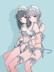 2girls between_legs black_hair blue_background blue_eyes blue_panties blush bra cleavage_cutout closed_mouth clothing_cutout commentary_request elbow_gloves frilled_bra frilled_panties frills gloves grey_hair heart_cutout highres long_hair looking_at_viewer multiple_girls original panties shadow simple_background sitting smile ssrbonknow underwear white_gloves white_headdress yuri