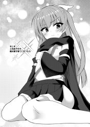 Rule 34 | 1girl, alternate costume, aria (koiiroharemoyou), ass peek, ayachi nene, belt bra, black cloak, black skirt, blush, breasts, cloak, closed mouth, commentary request, cosplay, covering privates, covering breasts, detached sleeves, embarrassed, eyes visible through hair, feet out of frame, frown, grabbing own breast, greyscale, hair between eyes, half updo, hip vent, long hair, long sleeves, looking down, miniskirt, mitsukasa ayase, monochrome, nipple slip, nipples, pleated skirt, ponytail, riddle joker, sanoba witch, sitting, skirt, small breasts, solo, sparkle, straight hair, tears, thighs, very long hair, wariza, wavy mouth, wide sleeves, wing hair ornament, yuzu-soft