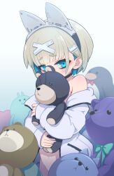 1girl absurdres animal_ears blue_eyes blue_hair blush cat_ears choker fake_animal_ears flat_chest grey_hair highres holding holding_stuffed_toy jacket looking_at_viewer multicolored_hair naked_jacket navel open_clothes open_jacket original shibata_ico short_hair solo stuffed_animal stuffed_toy teddy_bear two-tone_hair