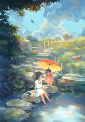 Rule 34 | 2girls, autumn leaves, barefoot, black eyes, black hair, blouse, blue sky, cloud, day, fern, flip-flops, grass, highres, kitsu+3, koi, long hair, looking at another, looking to the side, moss, multiple girls, no lineart, original, outdoors, parasol, path, pond, ribbon, road, sandals, shirt, short hair, short sleeves, shorts, sitting, sky, smile, soaking feet, squatting, stepping stones, striped clothes, striped shirt, umbrella, unworn footwear, unworn sandals, white shirt, wire fence