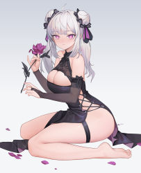 Rule 34 | 1girl, absurdres, ahoge, bare shoulders, barefoot, between legs, black dress, blush, breasts, bridal gauntlets, china dress, chinese clothes, cleavage cutout, clothing cutout, cross-laced clothes, double bun, dress, feet, flower, from side, full body, gradient background, grey background, groin, hair bun, hair ornament, hair scrunchie, hands up, highres, holding, holding flower, large breasts, long hair, looking at viewer, looking to the side, no panties, original, pelvic curtain, petals, pink eyes, plantar flexion, purple flower, purple ribbon, purple rose, ribbon, rose, scrunchie, side-tie dress, sidelocks, sitting, sleeveless, sleeveless dress, soles, solo, star-shaped pupils, star (symbol), symbol-shaped pupils, thigh strap, toes, twintails, wariza, white hair, xzu