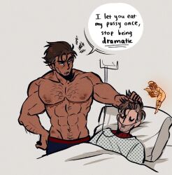 Rule 34 | 1girl, 2boys, alternate body hair, arm hair, bara, bed, blue bodysuit, bodysuit, brown hair, chest hair, closed eyes, dark-skinned male, dark skin, grabbing another&#039;s hair, highres, hospital bed, hospital gown, large pectorals, lyla (marvel), male focus, marvel, mastectomy scar, mature male, miguel o&#039;hara, mini person, minigirl, multiple boys, muscular, muscular male, nakariiale, navel hair, parody, pectorals, peter b parker, raised eyebrow, scar on chest, short hair, skin tight, spider-man: across the spider-verse, spider-man (2099), spider-man (series), spider-verse, squiggle, thick eyebrows, topless male, two-tone bodysuit, u u, yaoi