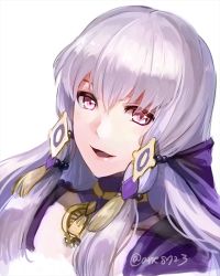 Rule 34 | 1girl, ane-suisei, detached collar, fire emblem, fire emblem: three houses, hair between eyes, hair ornament, long hair, lysithea von ordelia, nintendo, open mouth, pink eyes, simple background, solo, twitter username, upper body, white background, white hair
