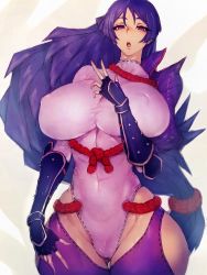 Rule 34 | 1girl, adapted costume, alternate costume, breasts, cameltoe, cleft of venus, covered erect nipples, curvy, fate/grand order, fate (series), fingerless gloves, fumio (rsqkr), gloves, highres, huge breasts, leotard, long hair, looking at viewer, minamoto no raikou (fate), parted lips, purple eyes, purple hair, purple leotard, solo, thick thighs, thighs, very long hair, white background, wide hips