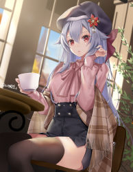 Rule 34 | akatsuki hijiri, alternate costume, beret, black hat, black skirt, black thighhighs, bow, brown scarf, cup, fate/grand order, fate (series), grey hair, hair between eyes, hair bow, hat, hat ornament, high-waist skirt, highres, holding, holding cup, indoors, long hair, looking at viewer, miniskirt, on chair, pink shirt, plaid, plaid scarf, plant, red bow, red eyes, scarf, shirt, signature, sitting, skirt, table, teacup, thighhighs, tomoe gozen (fate), very long hair, window, zettai ryouiki
