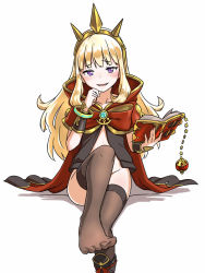Rule 34 | 10s, 1girl, blonde hair, blush, book, boots, bottomless, bracelet, cagliostro (granblue fantasy), cape, feet, foot focus, granblue fantasy, headgear, jewelry, knee boots, legs, no shoes, open book, purple eyes, shoes, single boot, single shoe, smirk, solo, thighhighs, zaxwu