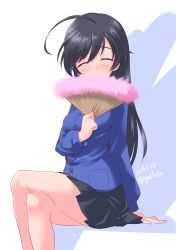 Rule 34 | 1girl, ahoge, alternate costume, arm support, bc freedom school uniform, black hair, black skirt, blue sweater, blush, cardigan, closed eyes, closed mouth, commentary request, crossed legs, dated, facing viewer, folding fan, girls und panzer, hand fan, highres, holding, holding fan, isuzu hana, kuzuryuu kennosuke, legs, long hair, long sleeves, miniskirt, one-hour drawing challenge, partial commentary, pleated skirt, school uniform, sitting, skirt, smile, solo, sweater, twitter username, white background