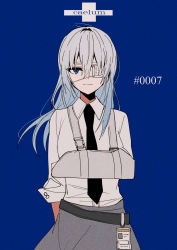 Rule 34 | 1girl, absurdres, arm sling, black necktie, blouse, blue background, blue eyes, blue hair, cast, chihuri, closed mouth, collared shirt, dress shirt, eyepatch, gradient hair, grey hair, grey skirt, hair between eyes, highres, long hair, looking at viewer, medical eyepatch, multicolored hair, necktie, original, shirt, short sleeves, simple background, skirt, smile, solo, white shirt
