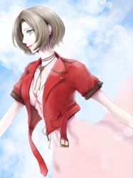 Rule 34 | 1girl, aerith gainsborough, alternate hairstyle, amemori 0207, breasts, brown hair, choker, cleavage, cropped jacket, dress, final fantasy, final fantasy vii, final fantasy vii remake, green eyes, highres, jacket, jewelry, medium breasts, necklace, parted bangs, pink dress, red jacket, short hair, short sleeves, smile, solo, square enix, upper body