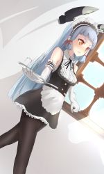 Rule 34 | 10s, 1girl, alternate costume, bare shoulders, black pantyhose, blue hair, blunt bangs, blush, breasts, buttons, clenched teeth, cup, drinking glass, elbow gloves, enmaided, eyebrows, gloves, hair ribbon, headgear, highres, kantai collection, long hair, maid, maid headdress, medium breasts, murakumo (kancolle), orange eyes, pantyhose, red eyes, ribbon, short eyebrows, sidelocks, sleeveless, solo, sugisaki tsugi, sweatdrop, teeth, thick eyebrows, tray, tress ribbon, white gloves, window