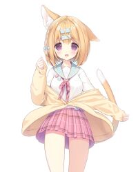 Rule 34 | 1girl, :d, animal ears, blonde hair, blue bow, blue sailor collar, blush, bow, braid, breasts, cat day, cat ears, cat girl, cat tail, clenched hand, commentary request, hair between eyes, hair bow, hair ornament, hairclip, hand up, highres, iku kurumi, jacket, long sleeves, looking at viewer, medium breasts, mofu-mofu after school, mofumofu channel, mofumofu time!, off shoulder, open clothes, open jacket, open mouth, p19, pinching sleeves, pink skirt, plaid, plaid skirt, pleated skirt, puffy long sleeves, puffy sleeves, purple eyes, sailor collar, school uniform, serafuku, shirt, simple background, single braid, skirt, sleeves past wrists, smile, solo, tail, white background, white shirt, yellow jacket