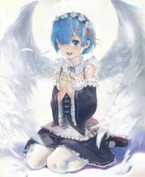 Rule 34 | 10s, 1girl, angel wings, black dress, blue eyes, blue hair, blush, breasts, cleavage, detached sleeves, dress, feathered wings, frills, hair ornament, hair over one eye, hair ribbon, interlocked fingers, looking at viewer, maid, maid headdress, matching hair/eyes, medium breasts, open mouth, own hands clasped, own hands together, pantyhose, re:zero kara hajimeru isekai seikatsu, rem (re:zero), ribbon, seiza, short hair, sitting, smile, solo, tears, white pantyhose, white wings, wings, x hair ornament, zrero