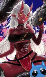 Rule 34 | 1girl, akumi (yoclesh), artist name, breasts, colored skin, commentary, detached sleeves, grey hair, hair between eyes, highres, horns, long hair, looking at viewer, medium breasts, necrotenshi, oni, oni horns, pointy ears, red skin, scar, see-through, see-through sleeves, single detached sleeve, single thighhigh, slit pupils, smile, snake, solo, teeth, thighhighs, very long hair, virtual youtuber, vyugen, watermark, yellow eyes