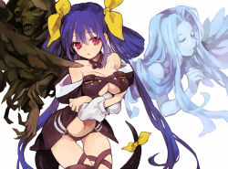 Rule 34 | 1girl, arc system works, blue hair, blush, bow, breast hold, breasts, cleavage, cloak, closed eyes, detached sleeves, dizzy (guilty gear), guilty gear, hair bow, large breasts, long hair, navel, necro (guilty gear), open mouth, red eyes, ribbon, simple background, solo, soto, tail, tears, twintails, undine (guilty gear), white theme, wings