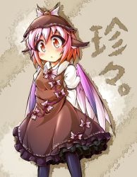Rule 34 | 1girl, arms behind back, black pantyhose, blush stickers, buttons, clothes writing, dress, female focus, frills, fun bo, gradient background, hat, mystia lorelei, orange eyes, pantyhose, pink hair, solo, touhou, translation request, wings
