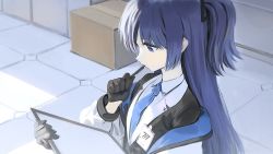 Rule 34 | 1girl, black gloves, black suit, blue archive, blue eyes, blue jacket, blue necktie, box, clipboard, closed mouth, collared shirt, expressionless, formal, gloves, hair ornament, highres, holding, holding pen, id card, indoors, jacket, light particles, long hair, long sleeves, looking down, multicolored clothes, multicolored jacket, necktie, off shoulder, pen, purple hair, shirt, solo, suit, sunlight, thinking, tile floor, tiles, two-tone jacket, two side up, upper body, wasabi60, white jacket, white shirt, yuuka (blue archive)