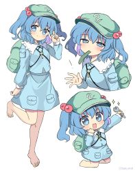 Rule 34 | 1girl, backpack, bag, bare legs, barefoot, blue eyes, blue hair, blue jacket, blue shirt, blue skirt, cabbie hat, closed mouth, collared jacket, cucumber, flat cap, full body, green bag, green headwear, hair bobbles, hair ornament, hat, highres, holding, holding wrench, jacket, jewelry, kawashiro nitori, key, key necklace, long sleeves, looking at viewer, medium hair, multiple views, necklace, open mouth, ramudia (lamyun), shirt, short twintails, simple background, skirt, skirt set, smile, standing, standing on one leg, thighs, touhou, twintails, two side up, white background, wrench