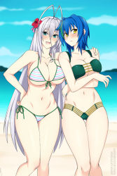 Rule 34 | 2girls, ahoge, arms under breasts, beach, bikini, blue eyes, blue hair, blush, breasts, crossed arms, hair between eyes, hand on another&#039;s shoulder, hand on own hip, high school dxd, large breasts, lindaroze, long hair, looking at viewer, multicolored hair, multiple girls, navel, rossweisse, short hair, stomach, streaked hair, swimsuit, very long hair, white hair, xenovia quarta, yellow eyes