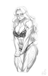 Rule 34 | 1girl, abs, amazon (dragon&#039;s crown), artist name, bikini, blush, breasts, breasts squeezed together, circlet, cleavage, cowboy shot, dragon&#039;s crown, embarrassed, greyscale, highres, large breasts, lip biting, long hair, looking at viewer, lvl (sentrythe2310), monochrome, muscular, polka dot, polka dot bikini, polka dot swimsuit, simple background, sketch, solo, swimsuit, tattoo, thick thighs, thighs, wavy hair, white background