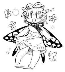 Rule 34 | 1girl, animal, antennae, barefoot, blush stickers, bug, butterfly, butterfly wings, dress, eternity larva, fairy, full body, greyscale, hair between eyes, ini (inunabe00), insect, insect wings, leaf, leaf on head, lineart, monochrome, multicolored clothes, multicolored dress, open mouth, short sleeves, simple background, smile, solo, touhou, white background, wings