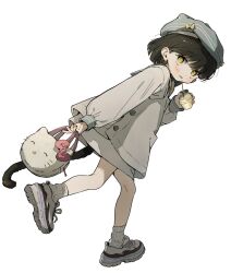 Rule 34 | 1girl, absurdres, bad id, bad twitter id, bag, beret, black hair, blue hat, blush, bow, buttons, cat tail, cup, disposable cup, dress, drinking straw, full body, hat, hat bow, hello kitty, hello kitty (character), highres, holding, holding bag, holding cup, mormormorp, original, running, sailor collar, sanrio, shoes, sneakers, socks, solo, tail, turning head, yellow eyes