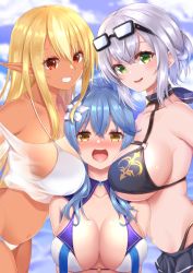 Rule 34 | 3girls, ako suke, bare shoulders, bikini, black bikini, blonde hair, blue hair, blurry, blurry background, blush, breasts, breasts squeezed together, cleavage, clenched teeth, collarbone, commentary, crossed bangs, dark-skinned female, dark skin, eyewear on head, flower, green eyes, hair between eyes, hair flower, hair ornament, hololive, large breasts, leaning forward, long hair, looking at viewer, medium hair, midriff, multicolored hair, multiple girls, navel, o-ring, o-ring top, open clothes, open mouth, outdoors, pointy ears, red eyes, see-through, shiny skin, shiranui flare, shirogane noel, shirogane noel (summer 2020), silver hair, squishing, streaked hair, swimsuit, tan, teeth, two-tone hair, upper teeth only, virtual youtuber, white bikini, yellow eyes, yukihana lamy