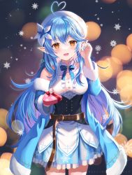 Rule 34 | 1girl, :d, ahoge, belt, blouse, blue bow, blue bowtie, blue coat, blue hair, blue nails, blue skirt, blush, bow, bowtie, box, breasts, brown belt, brown eyes, coat, commentary request, corset, cowboy shot, elf, flower, frilled skirt, frills, fur-trimmed coat, fur trim, gift, gift box, hair between eyes, hair flower, hair ornament, hand up, hc (razel1), heart, heart-shaped box, heart ahoge, highres, holding, holding gift, hololive, long hair, long sleeves, looking at viewer, medium breasts, multicolored hair, nail polish, off shoulder, open clothes, open coat, open mouth, pointy ears, shirt, skirt, sleeveless, sleeveless shirt, smile, snowflake print, snowflakes, solo, standing, streaked hair, very long hair, virtual youtuber, white flower, white shirt, yukihana lamy