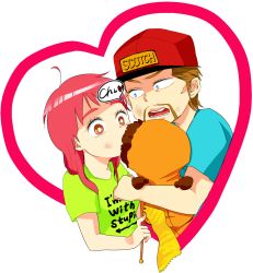 Rule 34 | beard, blue eyes, brown eyes, brown hair, carol mccormick, facial hair, family, father and son, heart, kenny mccormick, open mouth, pink hair, simple background, south park, stuart mccormick