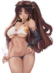 Rule 34 | 1girl, absurdres, asymmetrical sleeves, beeprats, breasts, brown hair, cleavage, detached sleeves, earrings, elbow gloves, fate/grand order, fate (series), gloves, hair ribbon, highres, hoop earrings, ishtar (fate), jewelry, large breasts, long hair, navel, neck ring, parted bangs, pulling own clothes, red eyes, ribbon, single detached sleeve, single elbow glove, single sleeve, solo, twintails, undressing, uneven sleeves, white background