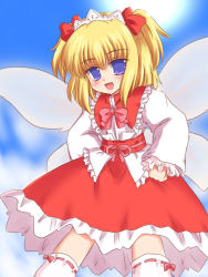 Rule 34 | 1girl, :d, belt, blonde hair, blue eyes, blue sky, collar, day, dress, eastern and little nature deity, fairy, fairy wings, female focus, frilled collar, frilled shirt collar, frills, hands on own hips, headband, long sleeves, looking at viewer, open mouth, outdoors, red dress, ry (yagoyago), sky, smile, solo, sun, sunlight, sunny milk, thighhighs, touhou, touhou sangetsusei, white thighhighs, wings, zettai ryouiki