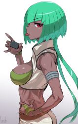 Rule 34 | 1girl, :p, armlet, back, bare shoulders, blunt bangs, bob cut, bracelet, breasts, cleavage, cowboy shot, crop top, dark-skinned female, dark skin, emerald sustrai, from side, green hair, hand on own hip, hand on own face, highres, holding, holding lighter, jewelry, kuroino (0kuro8ino6), lighter, long hair, looking at viewer, looking back, medium breasts, midriff, navel, pants, red eyes, rwby, short hair with long locks, simple background, sleeveless, solo, stomach, tongue, tongue out, white background, white pants