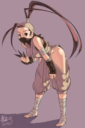 Rule 34 | 1girl, 2013, ankle wrap, antenna hair, bandages, barefoot, bent over, breasts, brown eyes, brown hair, capcom, dated, fingerless gloves, gloves, hair slicked back, half mask, hand on thigh, high ponytail, highres, hip vent, ibuki (street fighter), junkpuyo, kunai, long hair, mask, medium breasts, mouth mask, ninja, ninja mask, solo, street fighter, street fighter iii (series), weapon