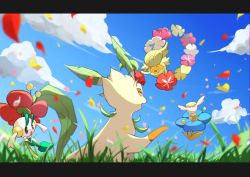 Rule 34 | absurdres, brown eyes, cloud, comfey, commentary request, creatures (company), day, floette, from below, game freak, gen 4 pokemon, gen 6 pokemon, gen 7 pokemon, grass, highres, holding, kisa (kisa-kisa5900), leafeon, letterboxed, nintendo, no humans, open mouth, outdoors, petals, pokemon, pokemon (creature), sky