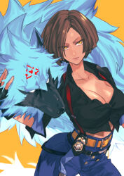 Rule 34 | 1girl, alternate color, arrow (symbol), badge, blue fur, breasts, brown hair, cleavage, dark-skinned female, dark skin, fingerless gloves, giovanna (guilty gear), gloves, guilty gear, guilty gear strive, large breasts, lips, looking at viewer, maka (morphine), partially unbuttoned, police badge, recycling symbol, rei (guilty gear), short hair, simple background, sleeves pushed up, suspenders, yellow background, yellow eyes