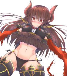 Rule 34 | 10s, 1girl, abs, absurdres, armor, black panties, blush, boots, bow, bowtie, breastplate, breasts, broken armor, brown hair, clothes lift, draph, elbow gloves, forte (shingeki no bahamut), gloves, granblue fantasy, highres, horns, large breasts, long hair, navel, panties, pauldrons, pointy ears, rain yadori, red eyes, red scarf, scarf, shingeki no bahamut, shoulder armor, side-tie panties, skirt, skirt lift, solo, string panties, thigh boots, thighhighs, underwear