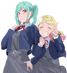 Rule 34 | 2girls, absurdres, arm grab, blonde hair, blue jacket, blush, closed eyes, closed mouth, collared shirt, commentary, dress, green hair, grey dress, highres, jacket, long hair, long sleeves, looking at viewer, love live!, love live! superstar!!, multiple girls, neck ribbon, okpriko, onitsuka natsumi, onitsuka tomari, open clothes, open jacket, pinafore dress, red eyes, ribbon, school uniform, shirt, siblings, sidelocks, sisters, sleeveless, sleeveless dress, twintails, upper body, white background, white shirt, winter uniform, yuigaoka school uniform