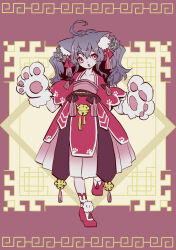 Rule 34 | 1girl, ahoge, animal ear fluff, animal ears, bell, brown dust 2, cat ears, chinese clothes, dress, eyebrows hidden by hair, flat chest, full body, grey hair, hair between eyes, hair ornament, highres, jingle bell, long hair, looking at viewer, open mouth, red background, red dress, red eyes, red footwear, rou (brown dust), solo, standing, standing on one leg, tn scallion, twintails