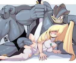 Rule 34 | 1boy, 1girl, ^^^, bare arms, bare shoulders, blonde hair, blush, breasts, clitoris, clothed sex, colored skin, commission, covered erect nipples, creatures (company), crying, crying with eyes open, fucked silly, furrowed brow, furry, furry male, furry with non-furry, game freak, gen 1 pokemon, grabbing, grabbing another&#039;s hair, green eyes, grey skin, grin, half-closed eyes, height difference, hetero, high heels, highres, impossible clothes, interspecies, large penis, leg grab, leggings, long hair, lusamine (pokemon), lying, machamp, mature female, medium breasts, nintendo, no panties, nose blush, nudiedoodles, on side, penis, pokemon, pokemon (creature), pokemon sm, pokephilia, pussy, red eyes, rolling eyes, sex, sex from behind, shirt, shoes, skin tight, sleeveless, sleeveless shirt, smile, spooning, spread legs, stomach bulge, tears, testicles, torn clothes, torn legwear, trembling, turtleneck, uncensored, vaginal, veins, veiny penis, very long hair