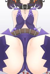 Rule 34 | absurdres, belt, black hair, cameltoe, choker, close-up, collarbone, commission, faceless, faceless female, flower hair ornament, hair ornament, highres, multicolored hair, purple hair, revealing clothes, shu636, sitting, symonne (tales), tales of (series), tales of zestiria, thighhighs, thighs, two-tone hair