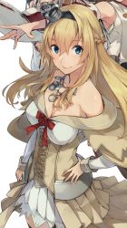 Rule 34 | 1girl, bad id, bad twitter id, blonde hair, blue eyes, braid, breasts, corset, cowboy shot, cropped, crown, dress, flower, french braid, hand on own hip, highres, jewelry, kantai collection, konishi (koconatu), large breasts, long hair, long sleeves, mini crown, off-shoulder dress, off shoulder, official art, red flower, red ribbon, red rose, ribbon, rose, smile, thighhighs, third-party edit, third-party source, warspite (kancolle), white background, white dress, white thighhighs