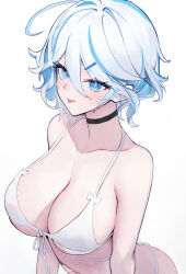 Rule 34 | 1girl, absurdres, alternate breast size, alternate costume, bare arms, bare shoulders, bikini, black choker, blue eyes, breasts, choker, cleavage, closed mouth, front-tie bikini top, front-tie top, furina (genshin impact), genshin impact, hair between eyes, heterochromia, highres, large breasts, leaning forward, looking at viewer, lysh, mismatched pupils, multicolored hair, short hair, simple background, solo, streaked hair, string bikini, swimsuit, tongue, tongue out, wavy hair, white background, white bikini, white hair