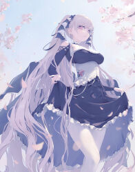 Rule 34 | 1girl, absurdly long hair, absurdres, azur lane, bare shoulders, between breasts, black dress, black ribbon, blue sky, bow, branch, breasts, cherry blossoms, choker, cleavage, closed mouth, clothes lift, clothing cutout, day, dress, dress lift, earrings, expressionless, eyelashes, falling petals, feet out of frame, flower, formidable (azur lane), frilled dress, frills, from below, grey hair, hair bow, hair ornament, hair ribbon, highres, jewelry, jgl, large breasts, lifting own clothes, lolita fashion, long hair, long sleeves, looking at viewer, looking down, necktie, necktie between breasts, outdoors, pantyhose, petals, pink eyes, pink flower, ribbon, shoulder cutout, sky, solo, standing, tree, twintails, two-tone dress, two-tone ribbon, very long hair, white necktie, white pantyhose, white ribbon