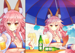 Rule 34 | 2girls, animal ear fluff, animal ears, ball, beachball, beer bottle, beer mug, bikini, blonde hair, blue bikini, blue sky, blush, breasts, brown eyes, cleavage, closed mouth, cloud, cloudy sky, commentary request, cup, day, fate/grand order, fate (series), fox ears, fox girl, fox tail, glass bottle, hair between eyes, hat, holding mug, horizon, jewelry, large breasts, lifebuoy, long hair, looking at viewer, maodouzi, medium breasts, mug, multiple girls, nero claudius (fate), nero claudius (fate) (all), nero claudius (swimsuit caster) (fate), ocean, outdoors, parasol, pendant, pink hair, profile, sidelocks, sky, smile, striped bikini, striped clothes, sun hat, swim ring, swimsuit, tail, tamamo (fate), tamamo no mae (swimsuit lancer) (fate), tamamo no mae (swimsuit lancer) (third ascension) (fate), twintails, umbrella, unworn hat, unworn headwear, water, white hat, yellow eyes