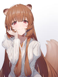 Rule 34 | 1girl, absurdres, animal ears, brown hair, closed mouth, gradient background, hair between eyes, hand in own hair, highres, long hair, long sleeves, looking at viewer, mycash75, raccoon ears, raccoon girl, raccoon tail, raphtalia, red eyes, ribbed sweater, sketch, smile, solo, sweater, tail, tate no yuusha no nariagari, upper body, very long hair, white background, white sweater
