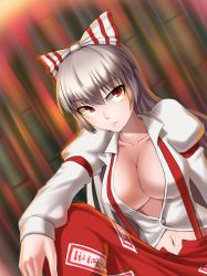 Rule 34 | 1girl, akimichi, bamboo, bamboo forest, bow, breasts, center opening, cleavage, collarbone, dress shirt, dutch angle, expressionless, female focus, forest, fujiwara no mokou, hair bow, large breasts, leg up, long hair, looking away, looking up, midriff, nature, navel, no bra, open clothes, open shirt, outdoors, pants, red eyes, ribbon, shirt, sitting, solo, suspenders, touhou, white hair