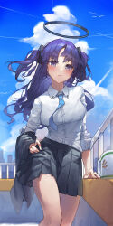Rule 34 | 1girl, absurdres, black halo, black skirt, blue archive, blue necktie, blue sky, blush, breasts, closed mouth, cloud, collared shirt, commentary request, cup, day, halo, highres, hone (hone art), long sleeves, looking at viewer, medium breasts, necktie, outdoors, pleated skirt, purple hair, shirt, skirt, sky, solo, standing, thighs, two side up, white shirt, yuuka (blue archive)